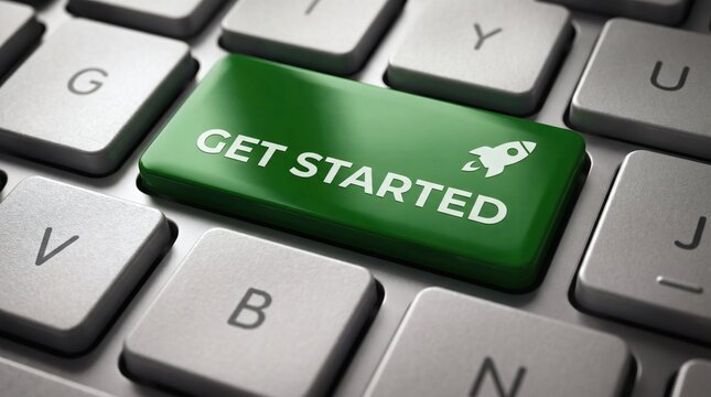 Green Get Started Key on Computer Keyboard with Rocket Icon Business Startup Concept