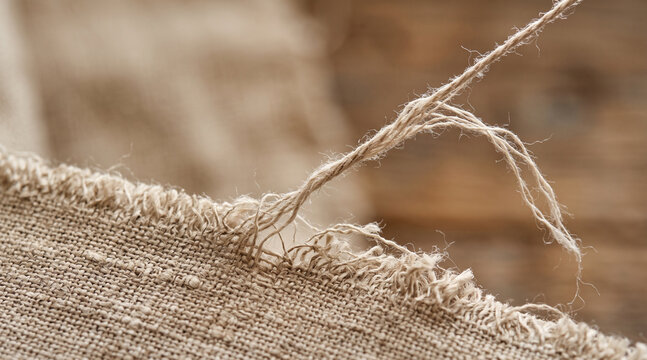 Close up of frayed burlap fabric edge with loose threads, textured textile material.