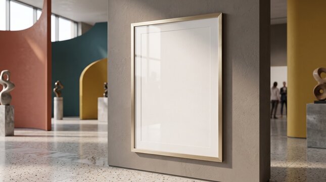 Picture frame hangs empty on a gallery wall within a spacious art museum featuring modern sculptures.