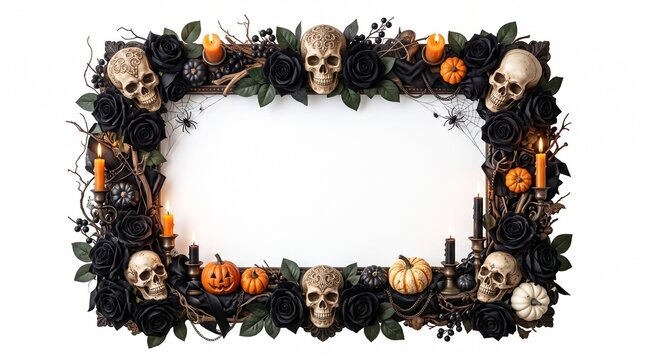 Gothic Halloween frame with skulls and black roses, spooky floral border with pumpkins and candles, dark aesthetic holiday background on white