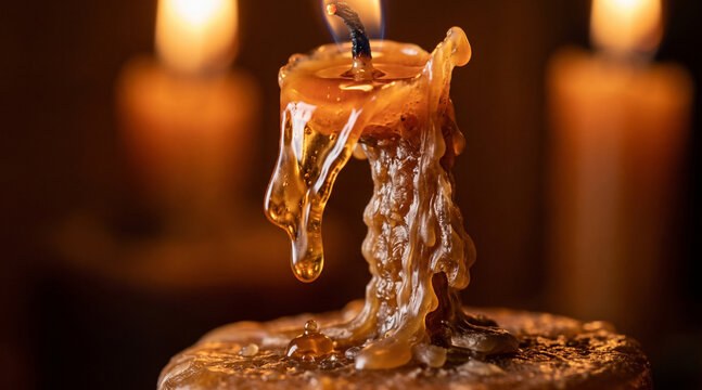 Melting candle with dripping wax, close up, warm light, macro, bokeh background.