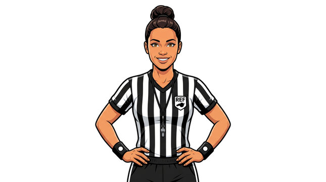 Professional female sports referee wearing a classic black and white striped shirt with a metal whistle around her neck stands confidently against a clean white background