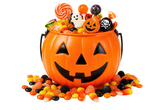 Halloween pumpkin bucket filled with candy, orange jack-o-lantern pail, festive sweet treat photo isolated PNG with Transparent Background