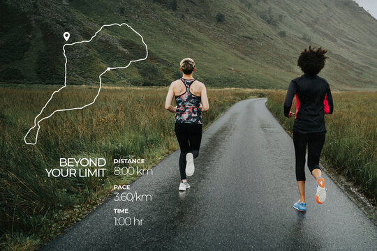 Two runners on a scenic road with Beyond Your Limit and distance details