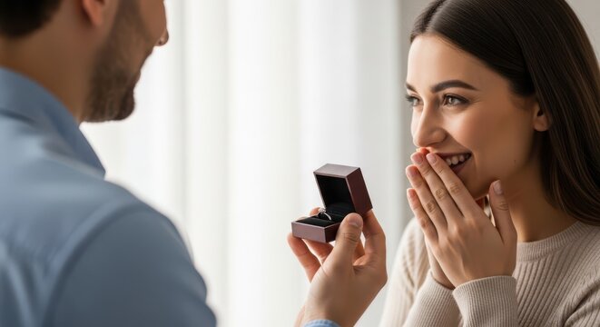 Man proposing to woman with engagement ring indoors