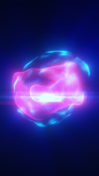 Glowing pink and cyan holographic sphere made of dotted digital mesh, floating on a dark blue futuristic background.