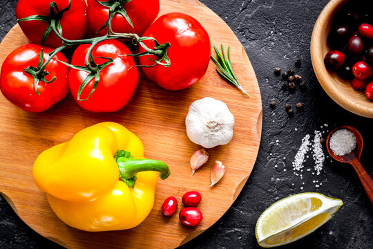 concept composing recipe on dark background top view