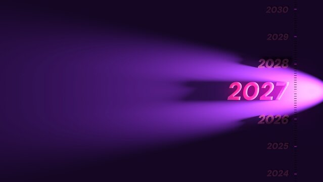 2027 New Year Concept with Timeline Spotlight on Purple Background - 3D rendering