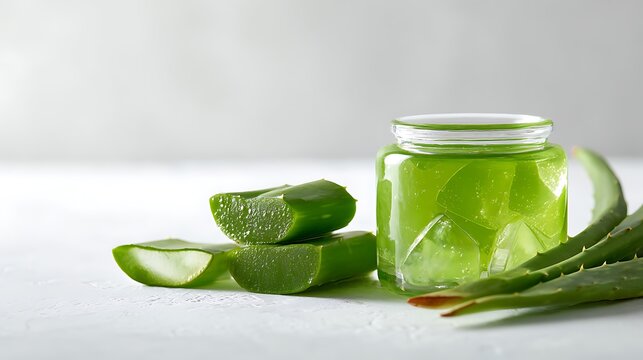 Clear glass jar filled with fresh aloe vera gel beside sliced green succulent leaf segments with glass container translucent positioned next freshly