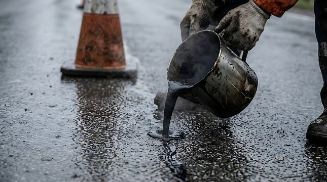 Worker pouring hot sealant from a metal pot onto a wet road surface beside an orange traffic cone, symbolizing road maintenance, asphalt repair and construction industry work.