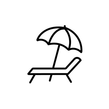 Beach chair and parasol umbrella line icon isolated on white background, sunbed sun lounger symbol, simple vector illustration for summer resort, vacation, and travel UI design.