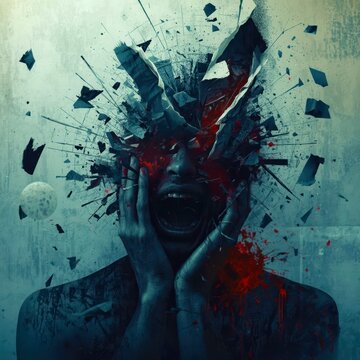 Shattered glass erupts from a screaming face