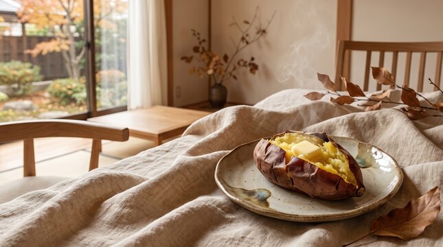 和風のお皿に盛られた甘くてほくほくの熱々焼き芋と秋の味覚スイーツ