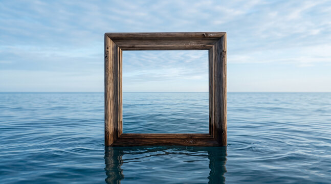 Wooden picture frame standing in blue ocean water under clear sky with horizon backdrop.