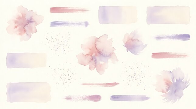 Collection of soft pink and purple watercolor flowers, brush strokes and dotted elements on a white background, symbolizing delicate floral design, feminine texture and artistic wedding d&eacute;cor.