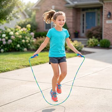 Active young girl jumping rope outdoors on sunny driveway in summer