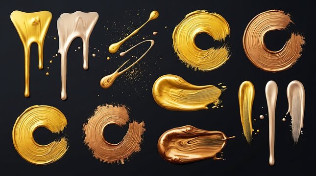 Collection of glossy gold liquid paint strokes, drips and circular smears on a dark black background, symbolizing luxury texture, metallic design elements and premium abstract art.