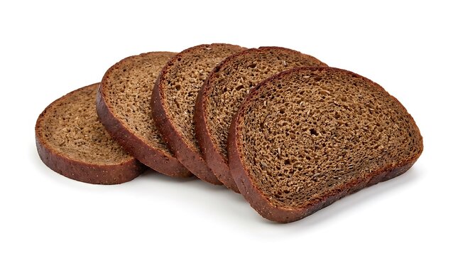 Sliced dark rye bread fanned out on a plain white background, symbolizing healthy baking, whole grain nutrition and traditional bakery staples.