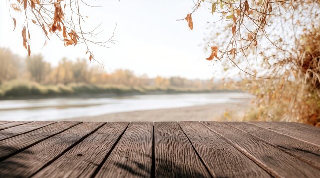 Weathered Dark Wooden Table Overlooking Autumn River