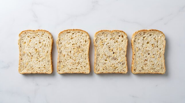 Four slices of whole grain bread arranged in a row on a white marble surface, symbolizing healthy eating, bakery staples and wholesome breakfast ingredients.