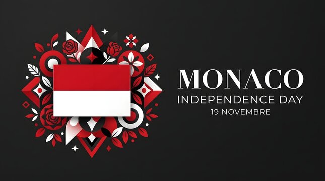 Monaco independence day celebration graphic with national flag and floral ornament on a black background