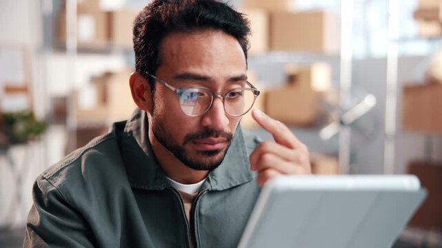 Businessman, logistics and headache with tablet in small business for delivery delay or stress. Man, boxes and glasses with migraine on technology for bad freight schedule or courier app in store