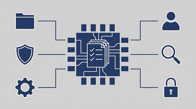 Central processor chip connected to folder, shield, gear, user, search and lock icons on a flat background, symbolizing data security, artificial intelligence and technology infrastructure.