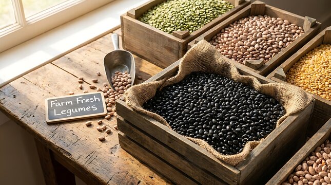 Assorted dried legumes and beans displayed in rustic wooden crates with a farm fresh chalkboard sign, symbolizing organic harvest, healthy grains and farmers market produce.