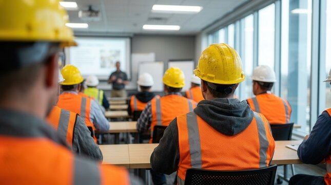 Indoors workplace training session attended by construction workers wearing safety helmets.