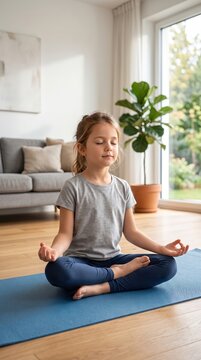 Peaceful young girl practicing yoga and meditation on mat at home