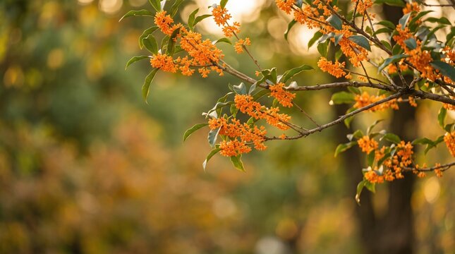 緑の葉の枝に咲き誇る小粒で鮮やかなオレンジ色のキンモクセイ（金木犀）の花