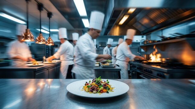 Professional chefs working in a fast-paced restaurant kitchen featuring plated dishes in the foreground.