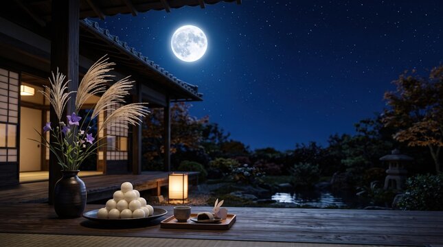 三方に積まれた月見団子と風情あるススキの飾り付けの日本の伝統的な十五夜お月見