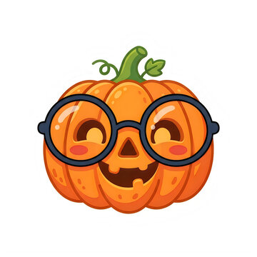 Cartoon pumpkin wearing glasses; Cute jack-o'-lantern character illustration; Funny halloween vegetable icon; Orange fruit vegetable vector graphic for autumn isolated on White Background