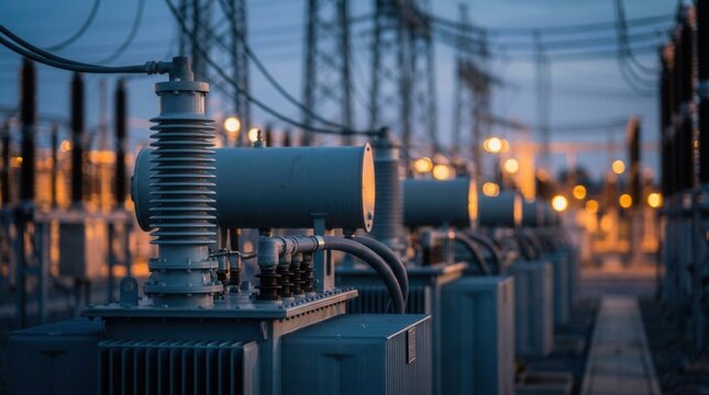 Power substation featuring aligned industrial electrical transformers under soft evening background lighting.
