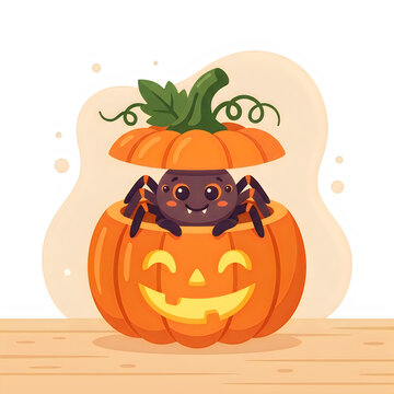 Cute kawaii spider hiding inside jack o lantern, Halloween pumpkin vector illustration with smile, holiday greeting card elements isolated on White Background