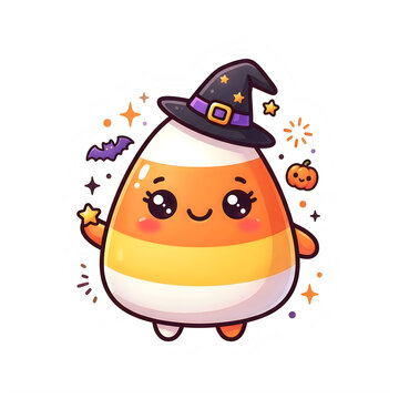 Cute candy corn character wearing witch hat for Halloween, orange yellow white striped sweet treat illustration, kawaii kawaii style candy with face isolated on White Background