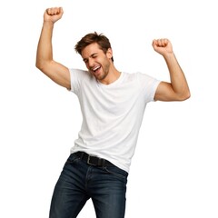 Fototapeta premium Man in a white t-shirt and jeans joyfully dancing with raised arms.