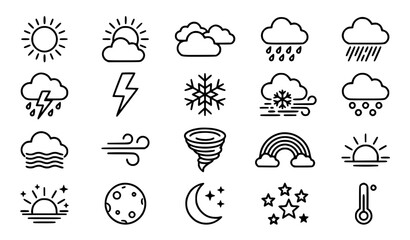 Naklejka premium Black and white weather and forecast outline icon set vector