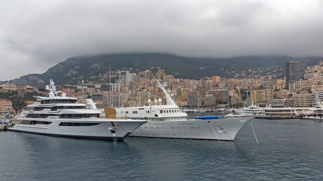 Super Yachts Moored at Hercules Harbour in Monaco Winter Fog Day Travel