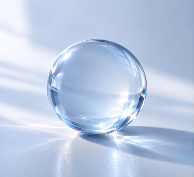 Single translucent glass sphere in soft blue-white tones with gentle highlights emphasizing form, minimal isolated composition on soft background, photorealistic glass render with premium elegant aest