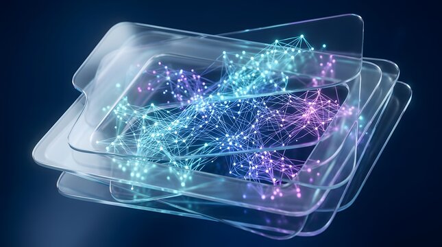 Abstract digital network layers with glowing nodes and connections
