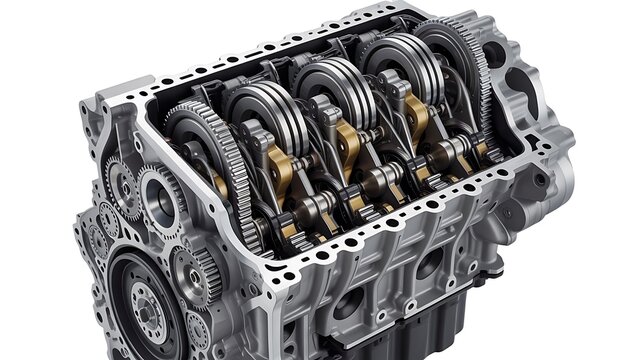 Combustion engine mechanism displays complex metallic valves and gear shafts.