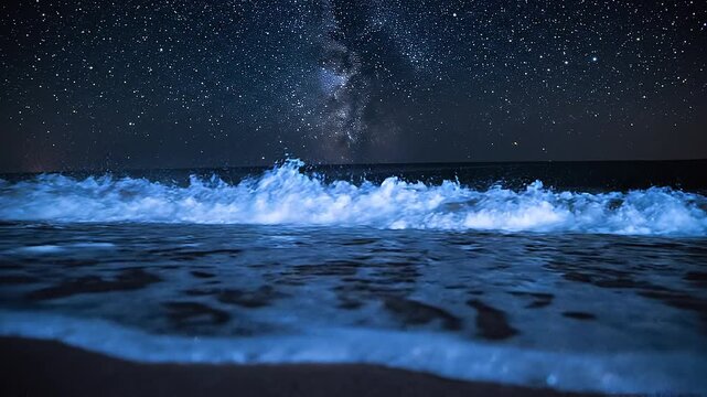 Bioluminescent blue plankton glowing in ocean waves at night