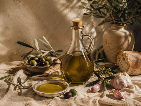 Mediterranean still life with extra virgin olive oil, artisan cheese and olives by the sea