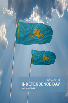 Two flags of Kazakhstan in blue sky with clouds for National holiday