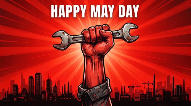 May day illustration with a raised fist holding a wrench