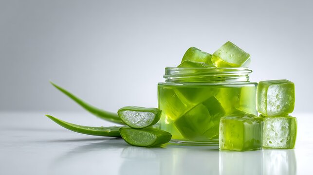 Clear glass jar filled with translucent green aloe vera gel cubes beside fresh botanical slices with against neutral background reflective white surface
