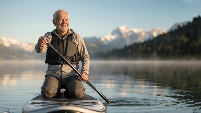 Happy senior man enjoying paddleboarding on a calm mountain lake at sunrise. Peaceful outdoor activity, active retirement, and serene nature landscape with lake mist.
