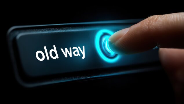 Finger pressing glowing button labeled old way in dark background with technology interaction electronic interface activation decision operation function selection obsolete hardware
